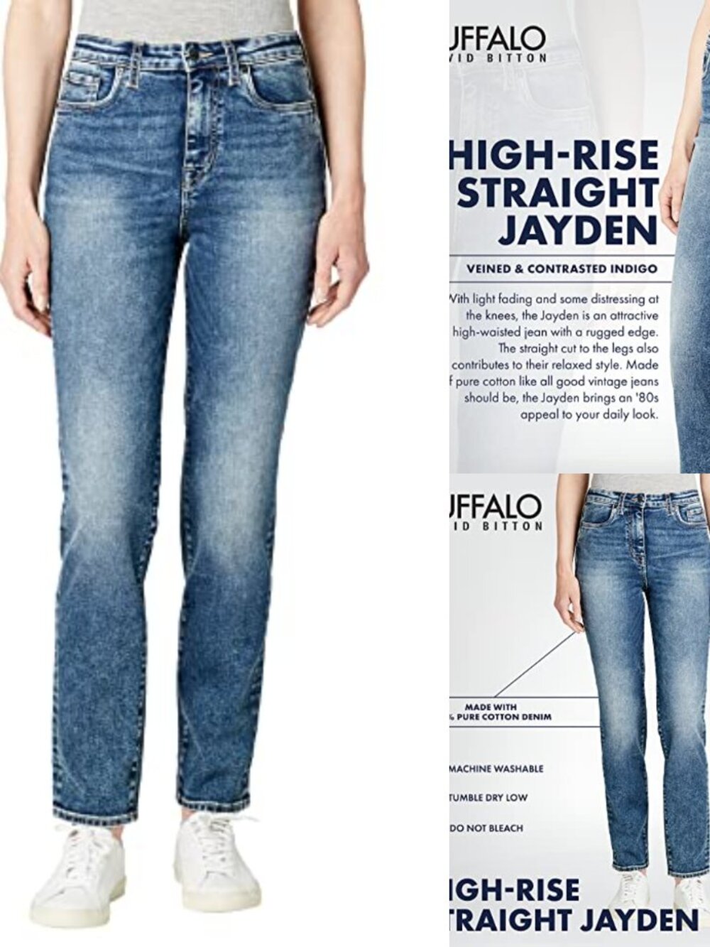 High-Waisted Straight Leg Jeans 100% Cotton Non-Stretch 5-Pocket